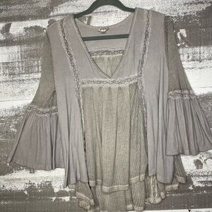 POL Light Gray Lace-Trim V-Neck Tunic